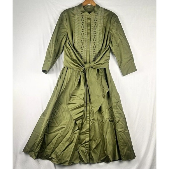 Elie Tahari Midi A Line Tie Front Green Button Up Maxi Dress 3/4 Sleeves SZ S/M - Picture 1 of 10